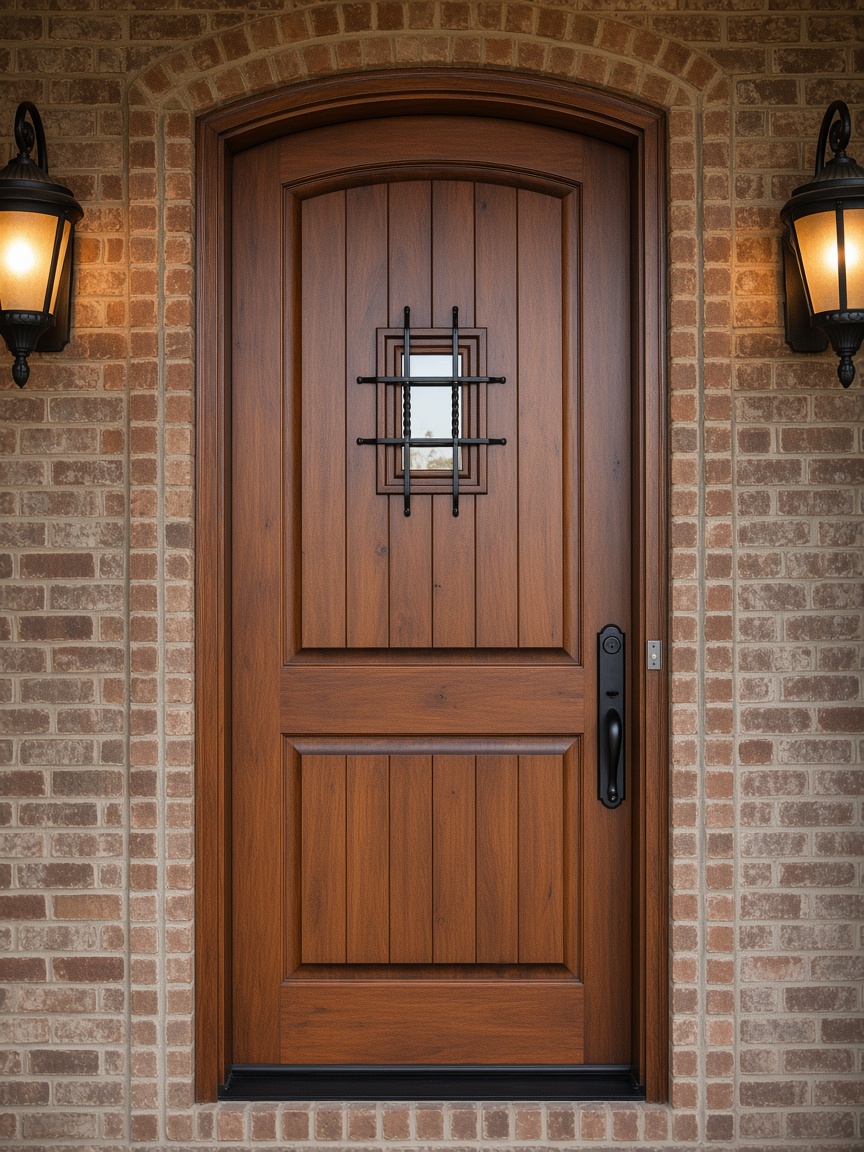 Wood front door with an iron grille and brick surround
