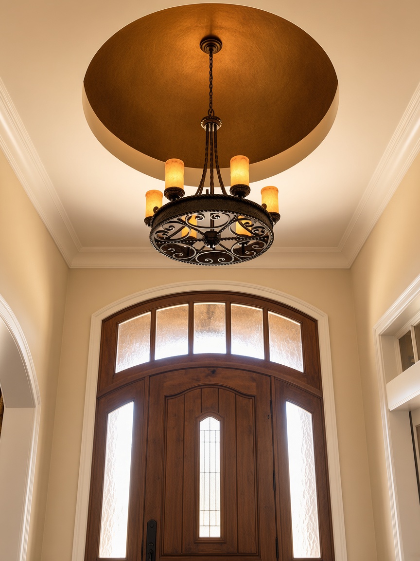 Foyer chandelier above a wood entry door