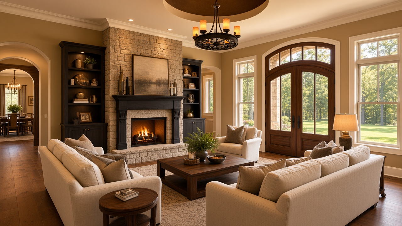 Stone fireplace and living space looking out to the property