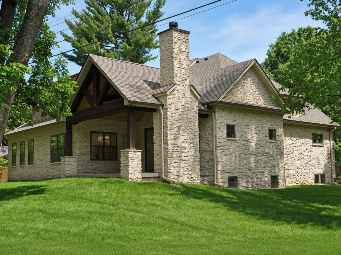Stone house with a chimney and covered porch